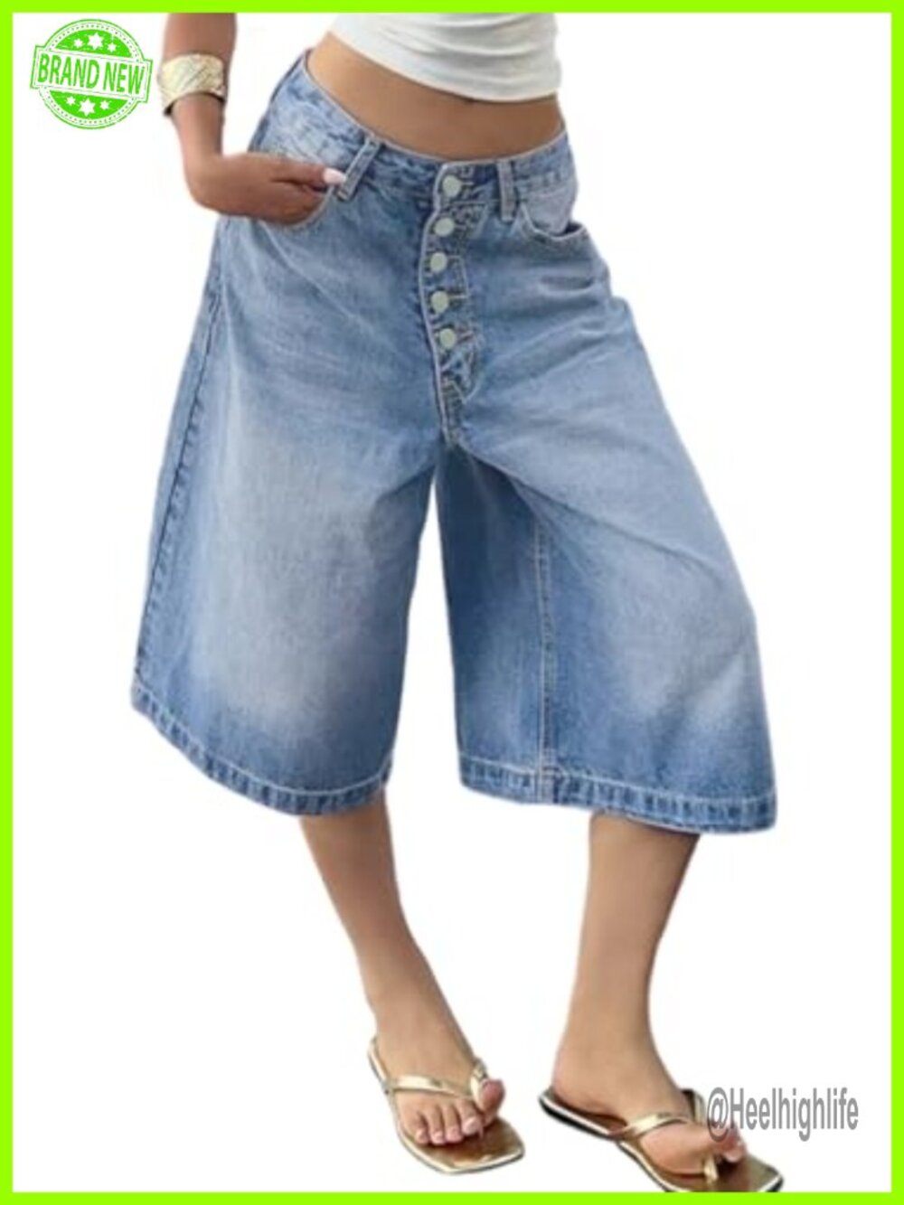 Women's High Waist Wide Leg Bermuda Jean Shorts Stretchy Denim Capris